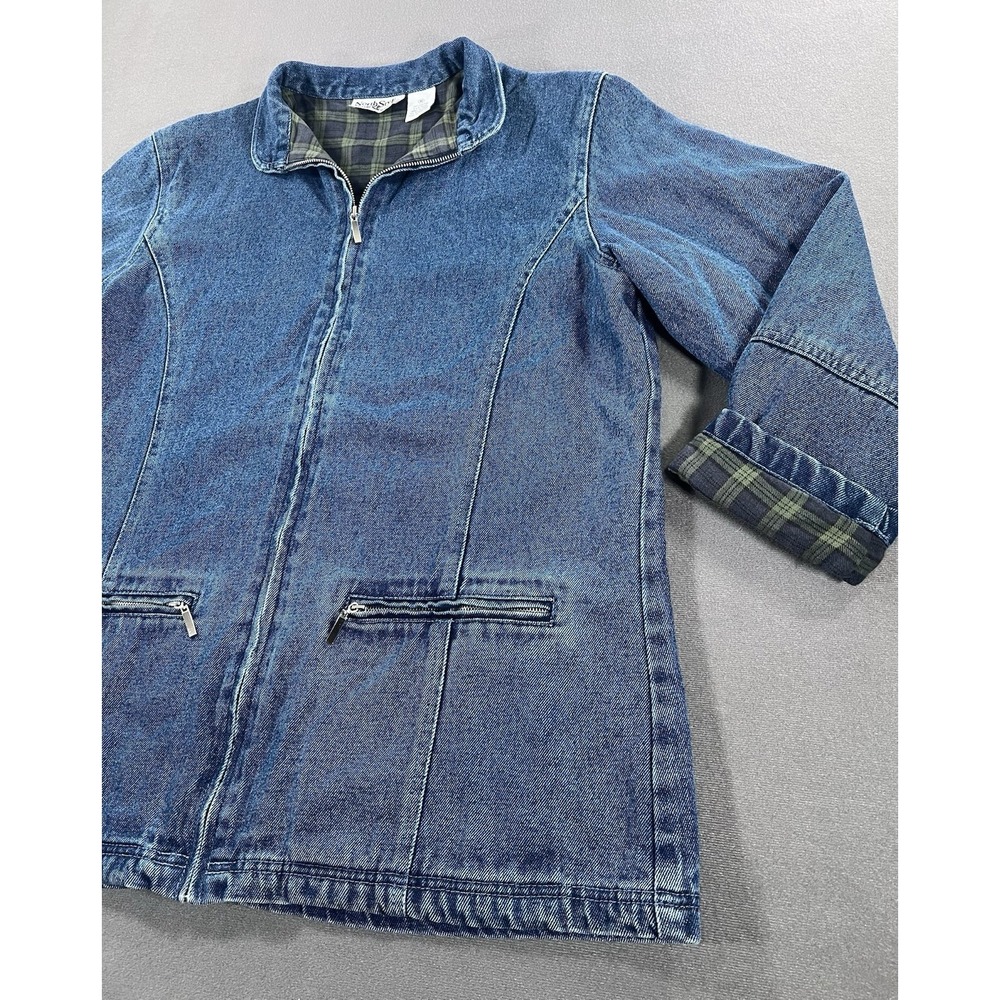 VTG North Style Denim Flannel Lined Chore Coat Women's M 90's Jean Jacket Plaid - Picture 3 of 11